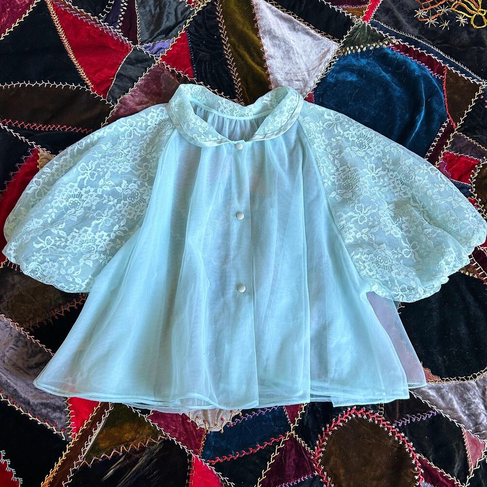 Vintage 50s/60s Baby Blue Lace Puff Sleeve Sheer Chiffon Trapeze Bed Jacket M - Picture 4 of 8